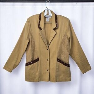 VTG Peter Popovitch Woman Medium Petite Blazer Tan Brown‎ Studded Trim Western